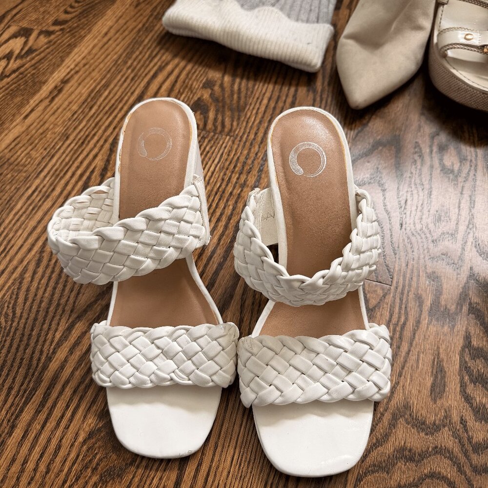 White Braided Block Heel Sandals | Slip-On | Modern Minimal